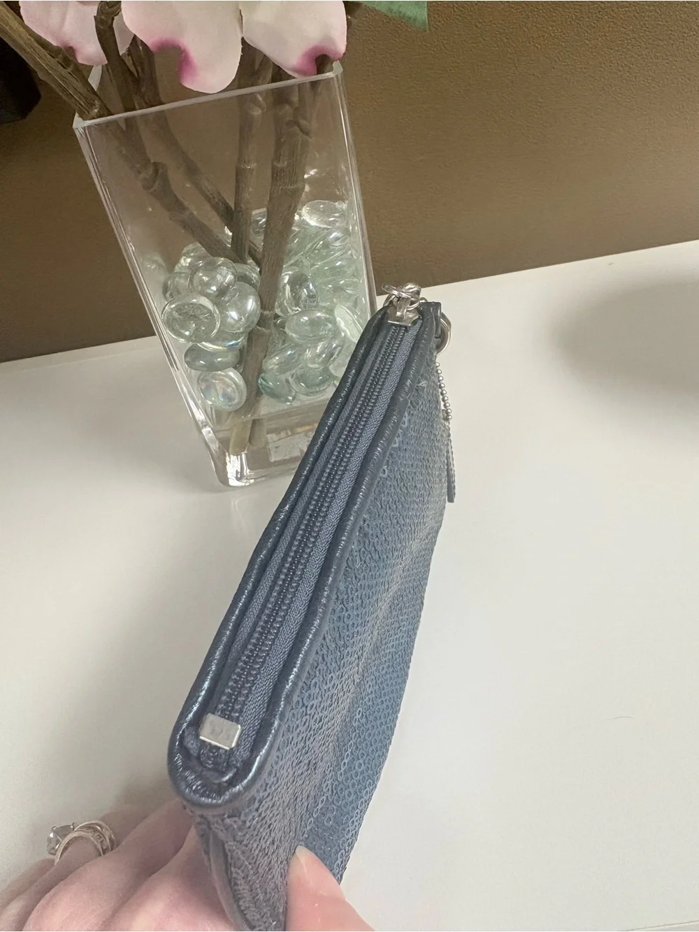 Coach Blue Sequin Wristlet Wallet Leather Strap Limited Edition - EUC